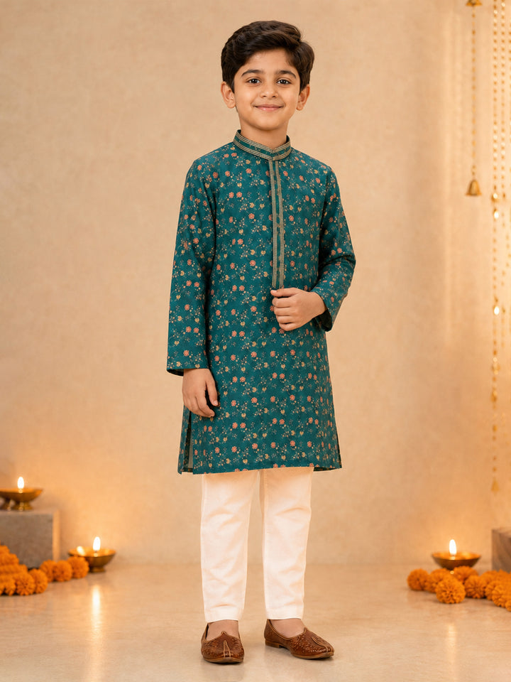 Boy Green Cotton Blend Kurta and Pyjama Set Festive, Festive Glitz, Indated Traditions, All regions Ethnic Wear