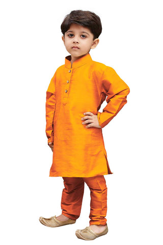 VASTRAMAY Boys' Orange Cotton Silk Blend Kurta and Pyjama Set