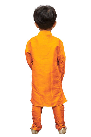 VASTRAMAY Boys' Orange Cotton Silk Blend Kurta and Pyjama Set