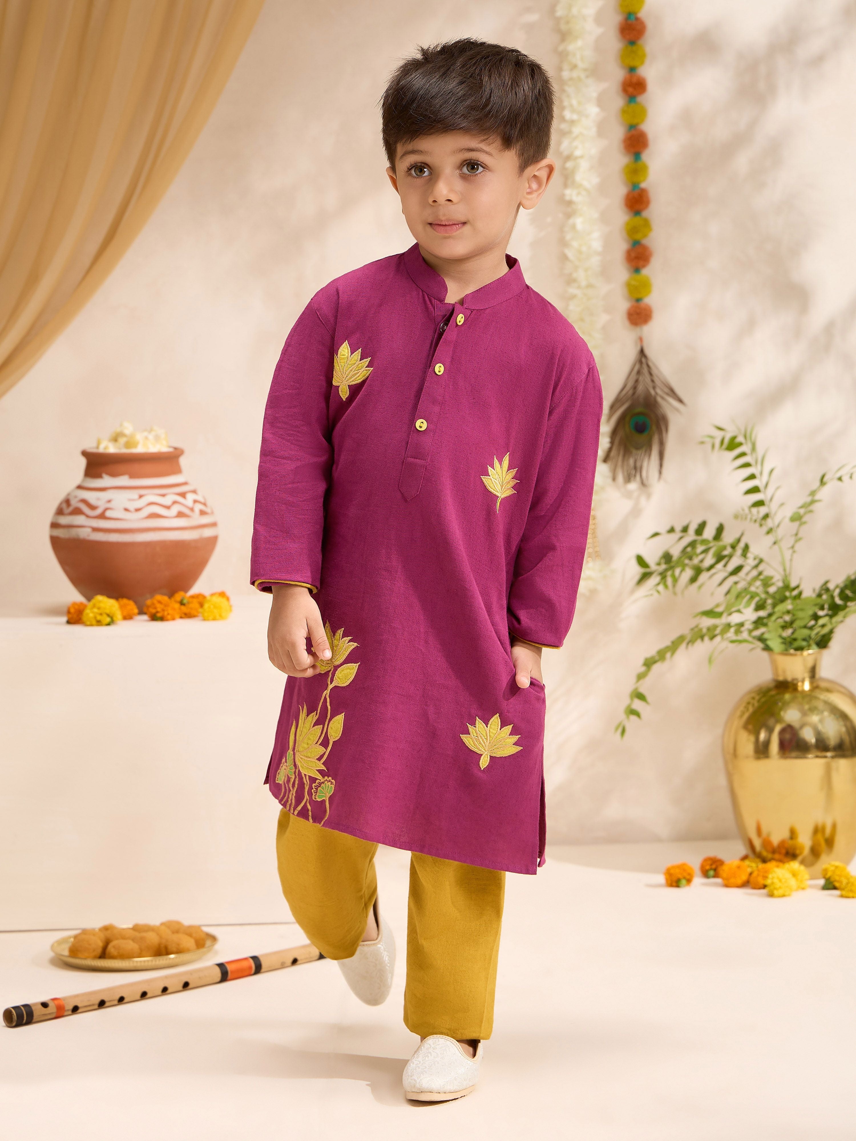 Boys Fuchsia Cotton Embroidered Kurta Pyjama Set