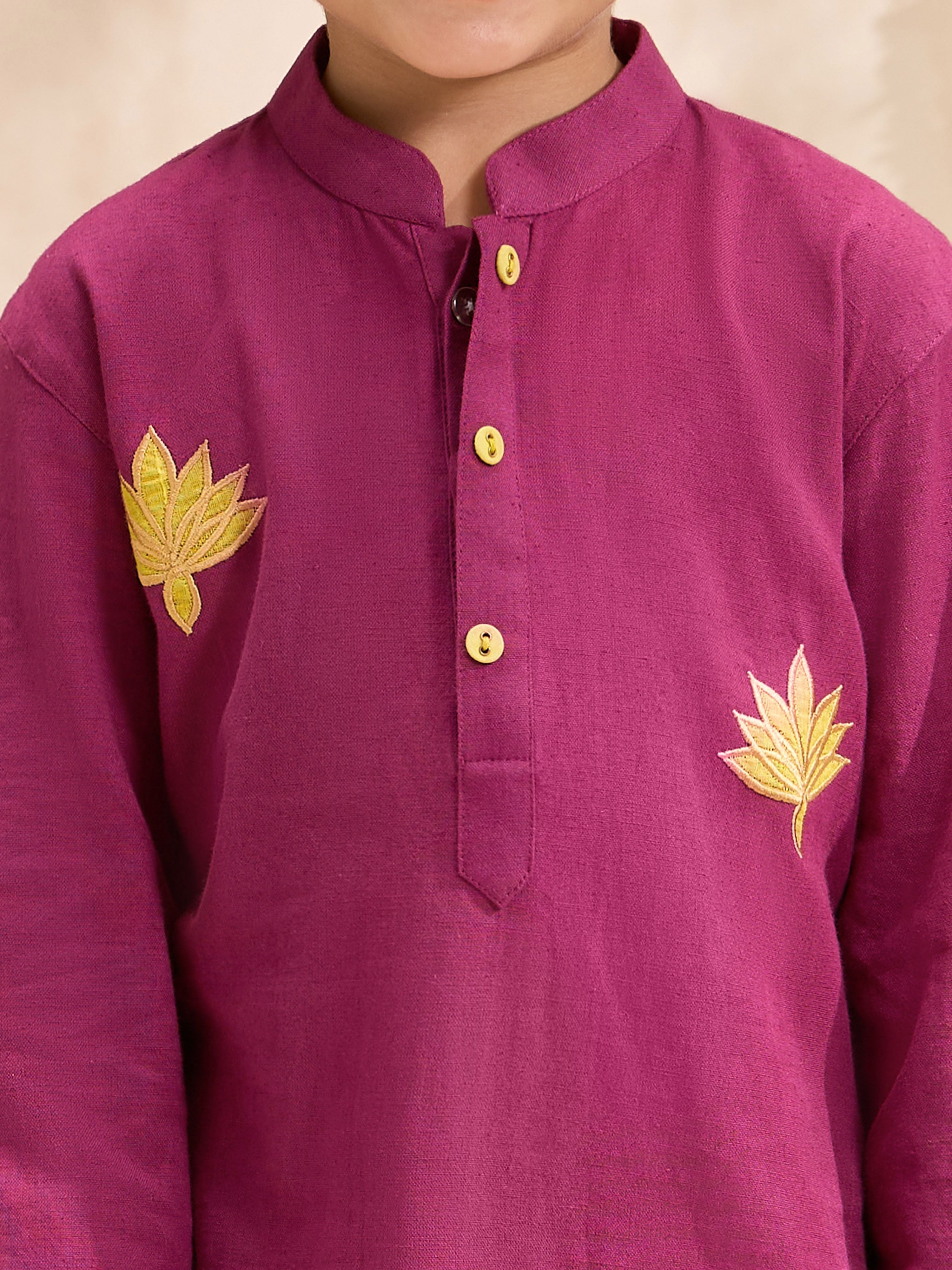 Boys's Fuchsia Cotton Embroidered Thigh Length Kurta And Pyjama Set