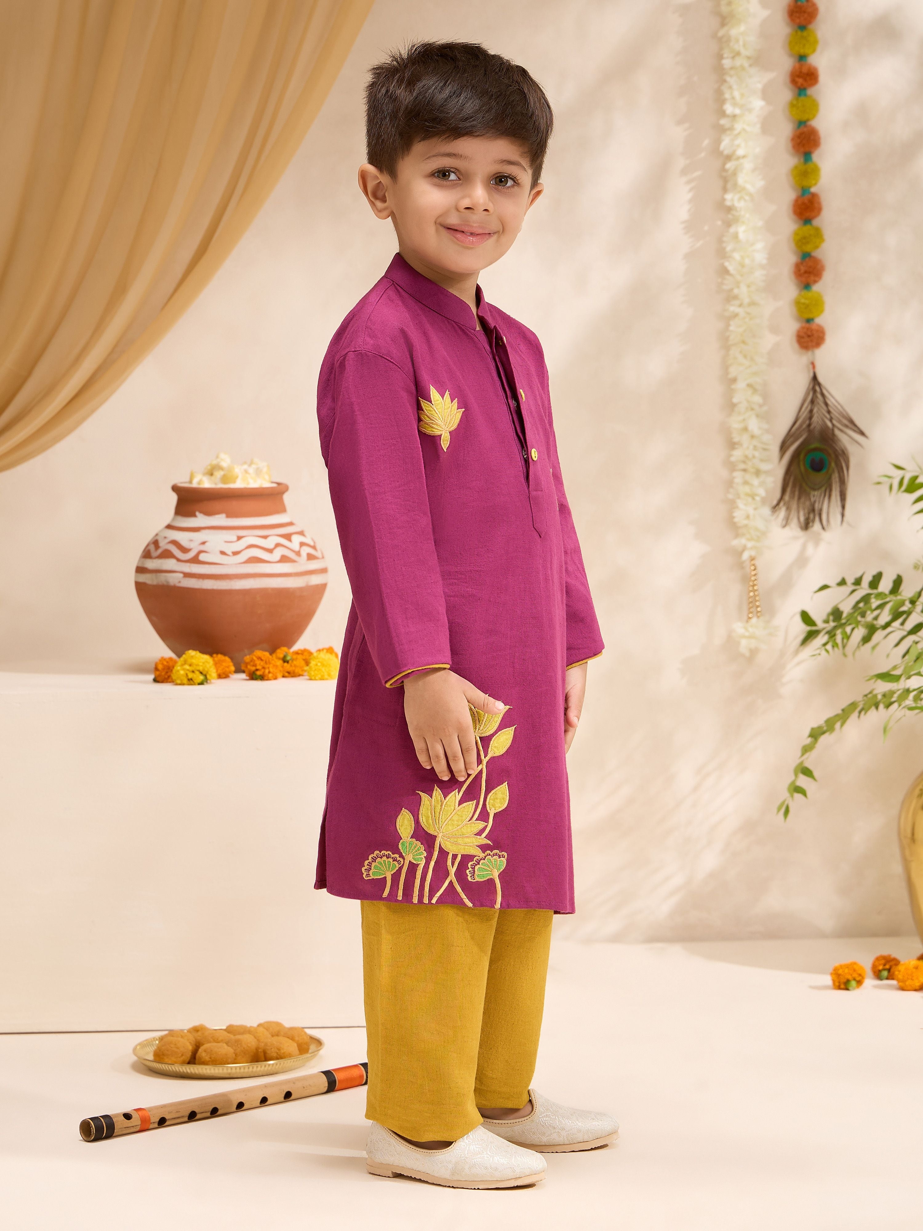 Boys's Fuchsia Cotton Embroidered Thigh Length Kurta And Pyjama Set