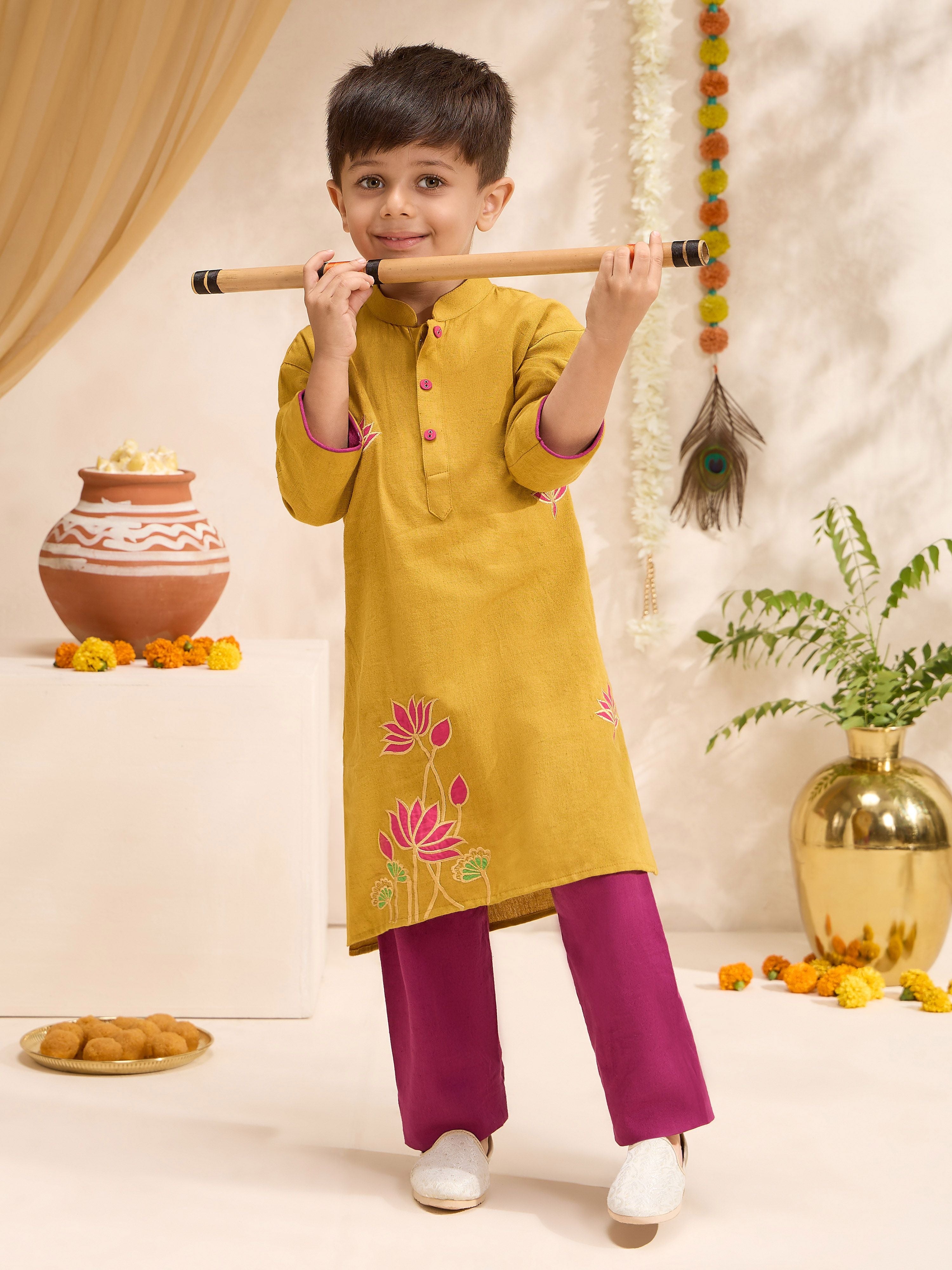 Boys Mustard Cotton Embroidered Kurta Pyjama Set