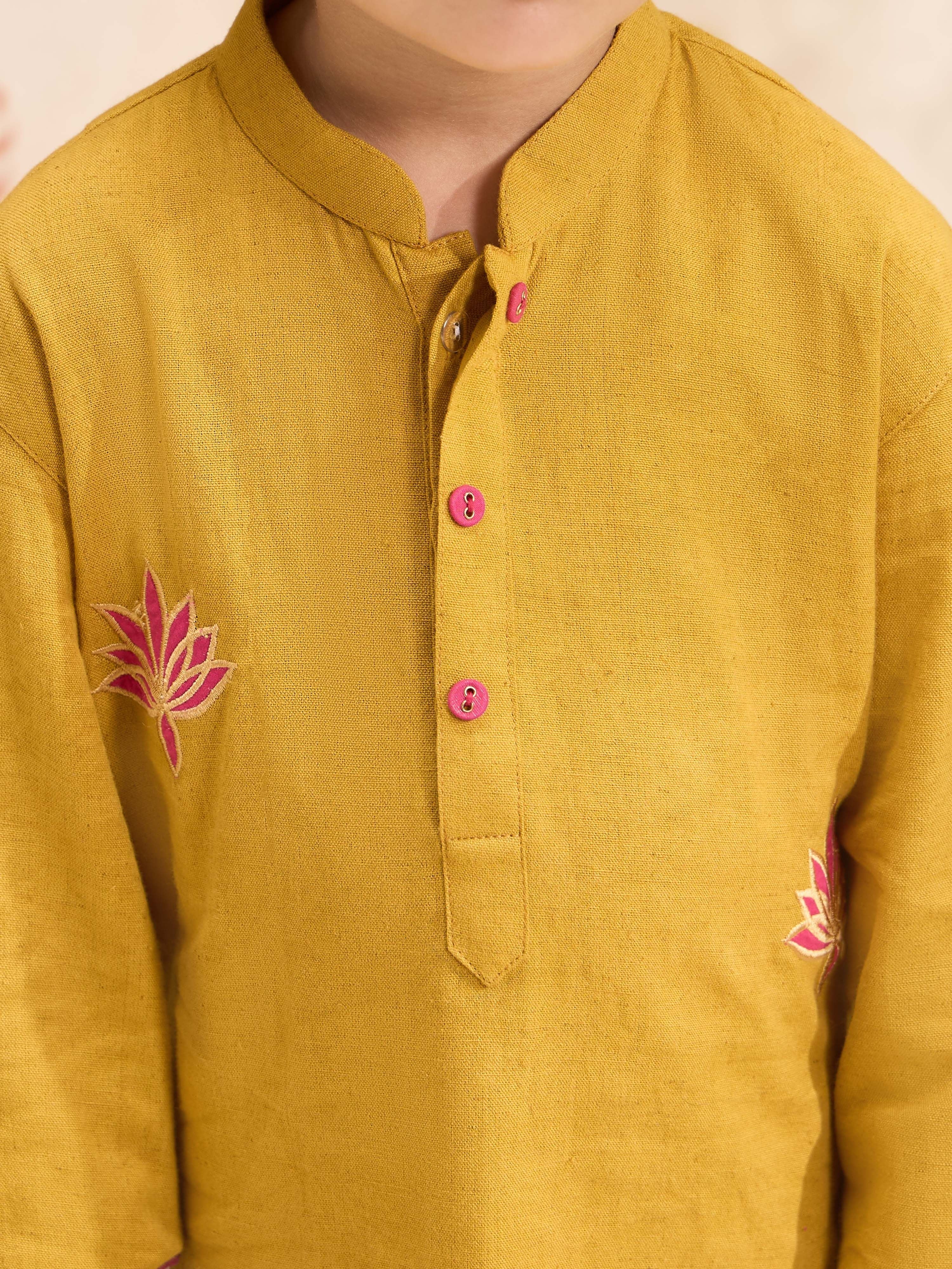 Boys's Mustard Cotton Embroidered Thigh Length Kurta And Pyjama Set