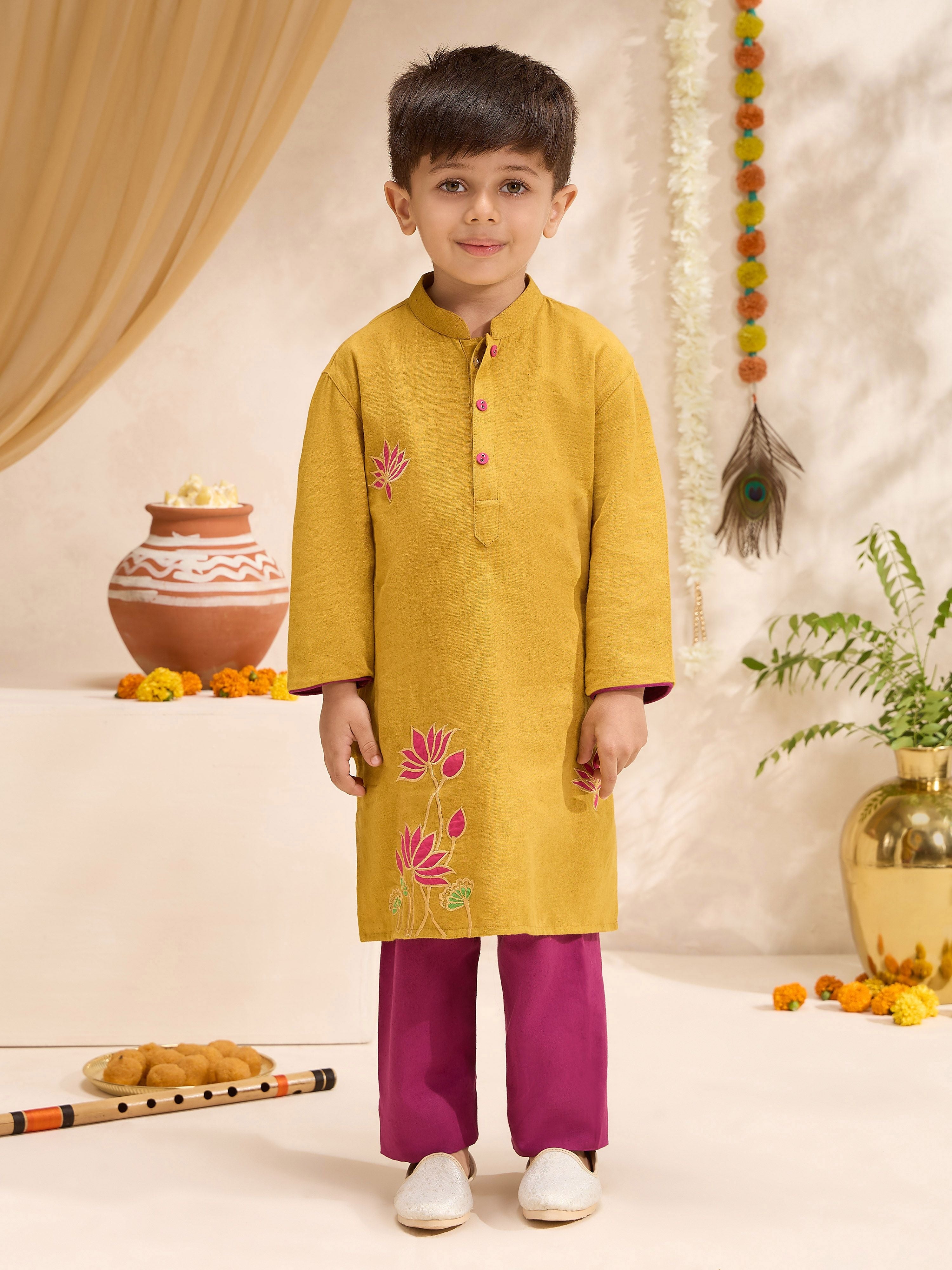 Boys's Mustard Cotton Embroidered Thigh Length Kurta And Pyjama Set