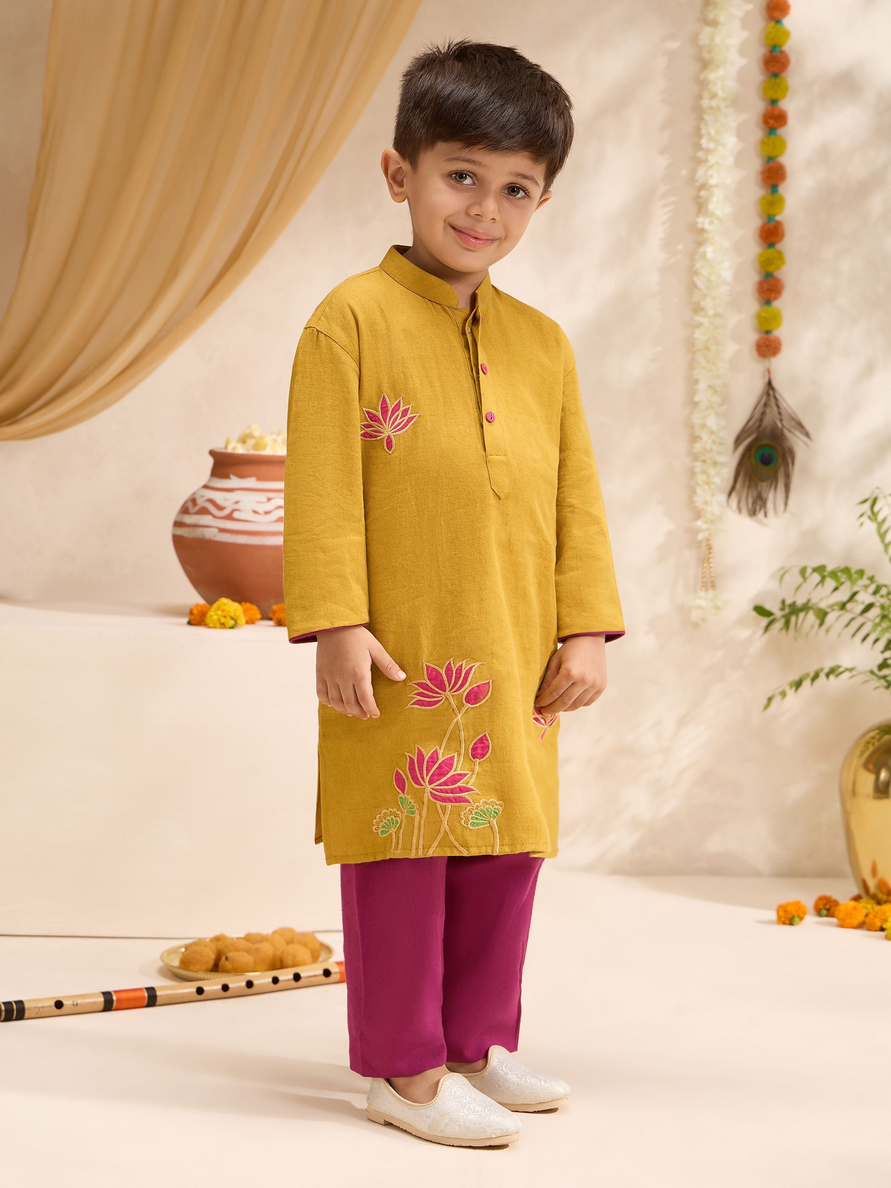 Boys's Mustard Cotton Embroidered Thigh Length Kurta And Pyjama Set