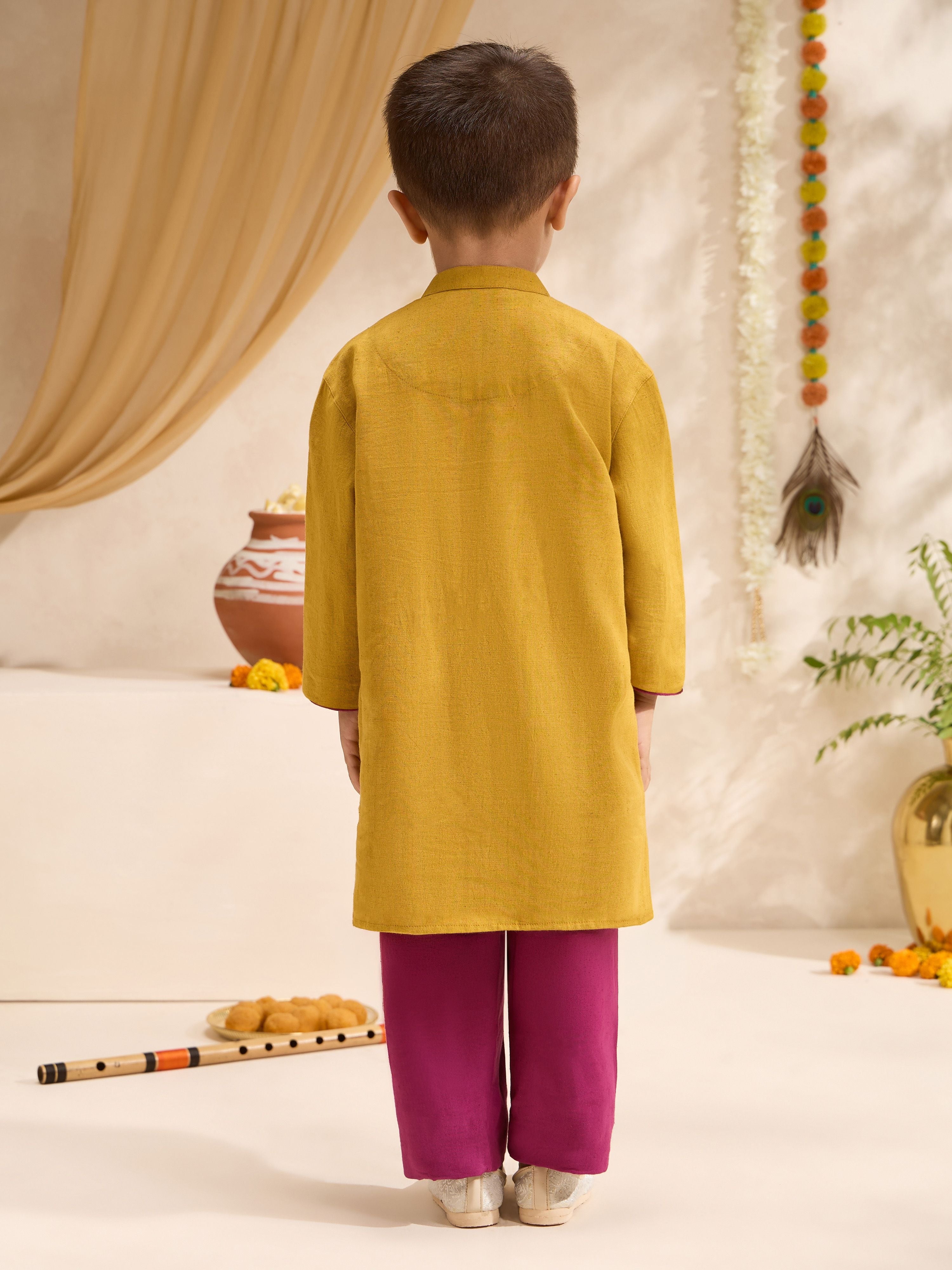 Boys's Mustard Cotton Embroidered Thigh Length Kurta And Pyjama Set