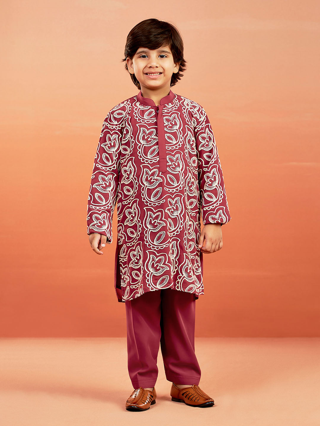 Boy's' Maroon Kurta And Pyjama Set