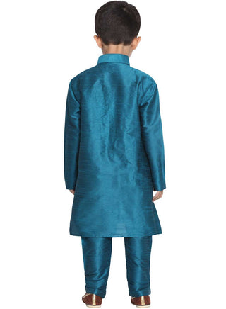 VASTRAMAY Boys' Blue Cotton Silk Blend Kurta and Pyjama Set