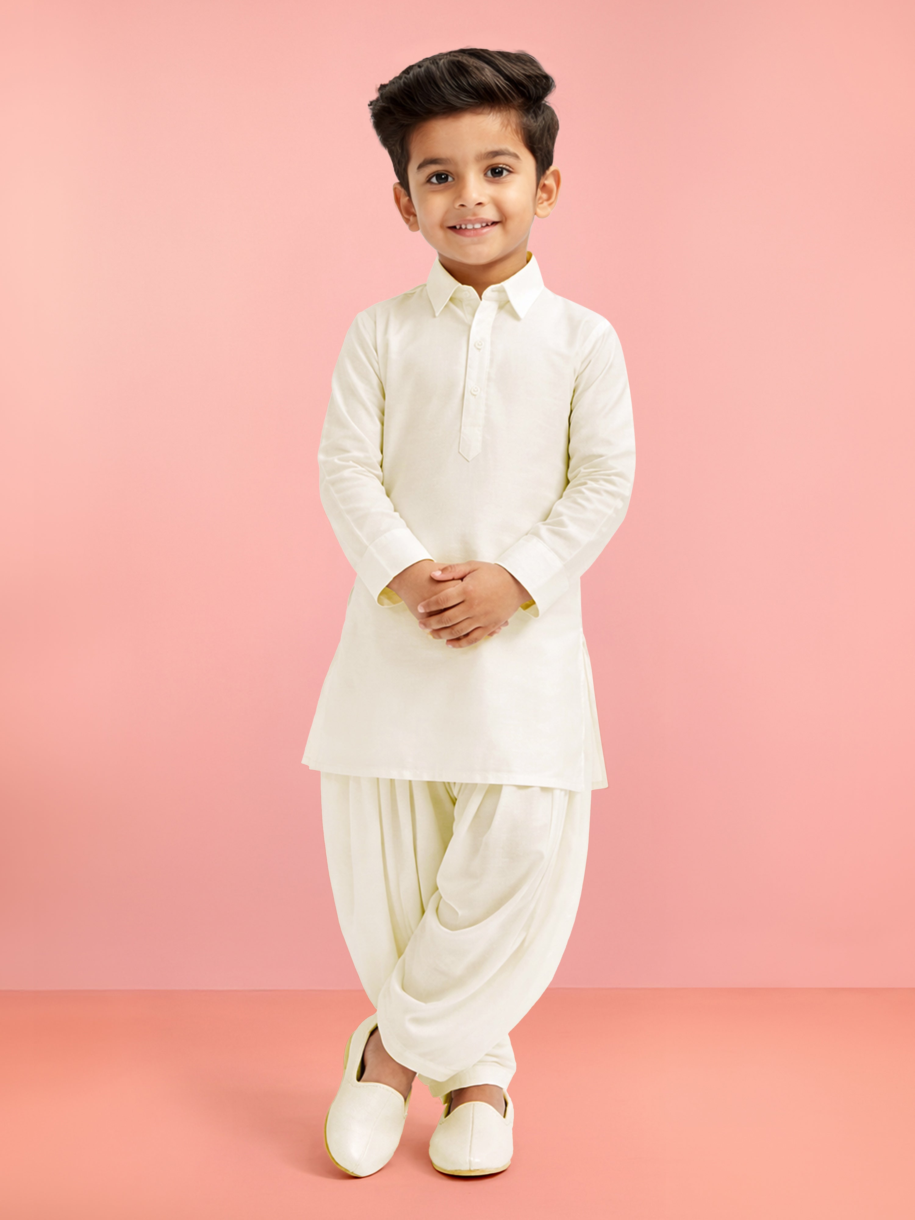 Boy's Cream Viscose Kurta Patiala Set