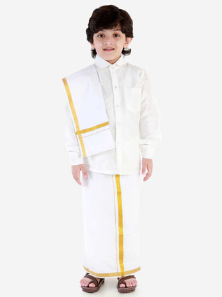 VASTRAMAY Boys' White Silk Long Sleeves Ethnic Shirt