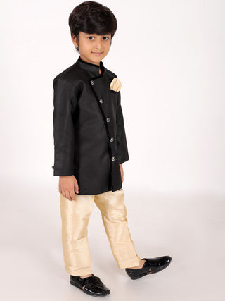 Vastramay Boys' Black Jute Silk Sherwani Set