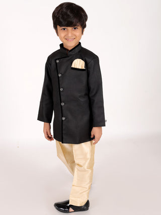 Vastramay Boys' Black Jute Silk Sherwani Set