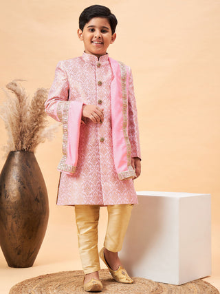VASTRAMAY Boys Pink & Gold-Colored Woven-Design Brocade Slim Fit Sherwani Set With Pink Colour Dupatta