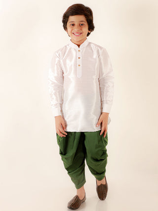 VASTRAMAY Boys' White Cotton Silk Kurta and Green Dhoti Pant Set