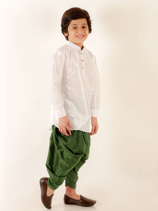 VASTRAMAY Boys' White Cotton Silk Kurta and Green Dhoti Pant Set