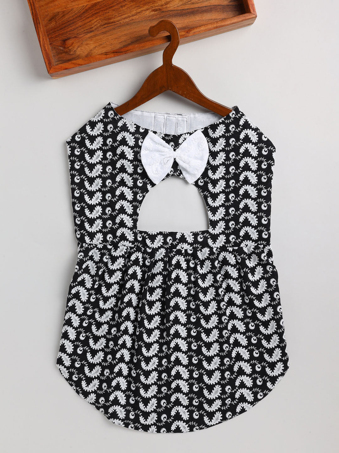 PAWS BY VASTRAMAY Dogs' Black Chikankari Flared Dress With Attached Bow - Dogs Ethnic Wear by Vastramay - Black, chikankari, Dog, Dog Apparel, Dog Dress, Dog Ethnic Dress, female dog outfit, Medium, Pure Cotton, Small