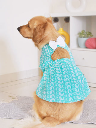 PAWS BY VASTRAMAY Dogs' Green Chikankari Flared Dress With Attached Bow - Dogs Ethnic Wear by Vastramay - chikankari, Dog, Dog Apparel, Dog Dress, Dog Ethnic Dress, female dog outfit, Green, Medium, Pure Cotton, Small