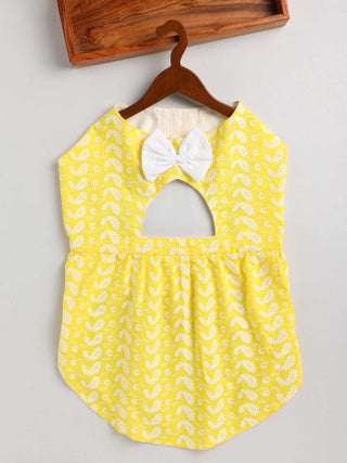 PAWS BY VASTRAMAY Dogs' Yellow Chikankari Flared Dress With Attached Bow