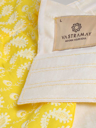 PAWS BY VASTRAMAY Dogs' Yellow Chikankari Flared Dress With Attached Bow