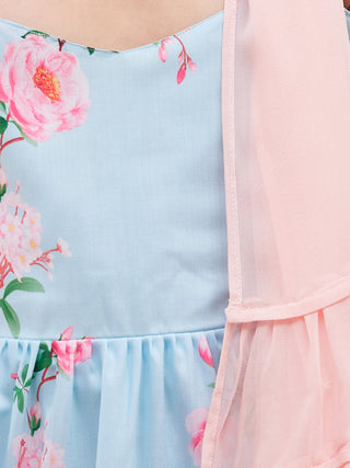VASTRAMAY Aqua Cotton Blend Floral Print Sibling Set