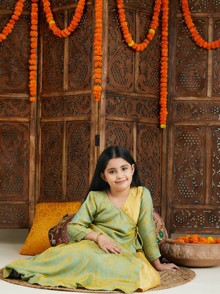 VASTRAMAY Girl's Aqua Jacquard Anarkali Kurta Salwar Set