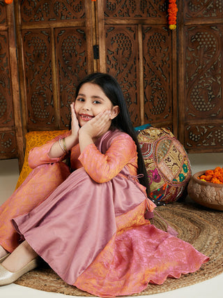 VASTRAMAY Girl's Pink Jacquard Anarkali Kurta Salwar Set