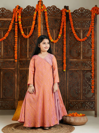 VASTRAMAY Girl's Pink Jacquard Anarkali Kurta Salwar Set