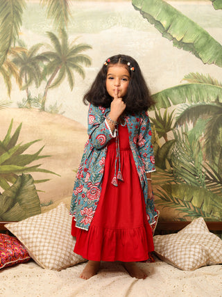 VASTRAMAY Girl's Red And Blue Anarkali Dress