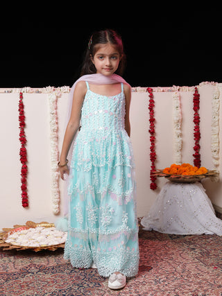 VASTRAMAY Girls' Embroidered Sequins Net Long Anarkali Dress With Dupatta