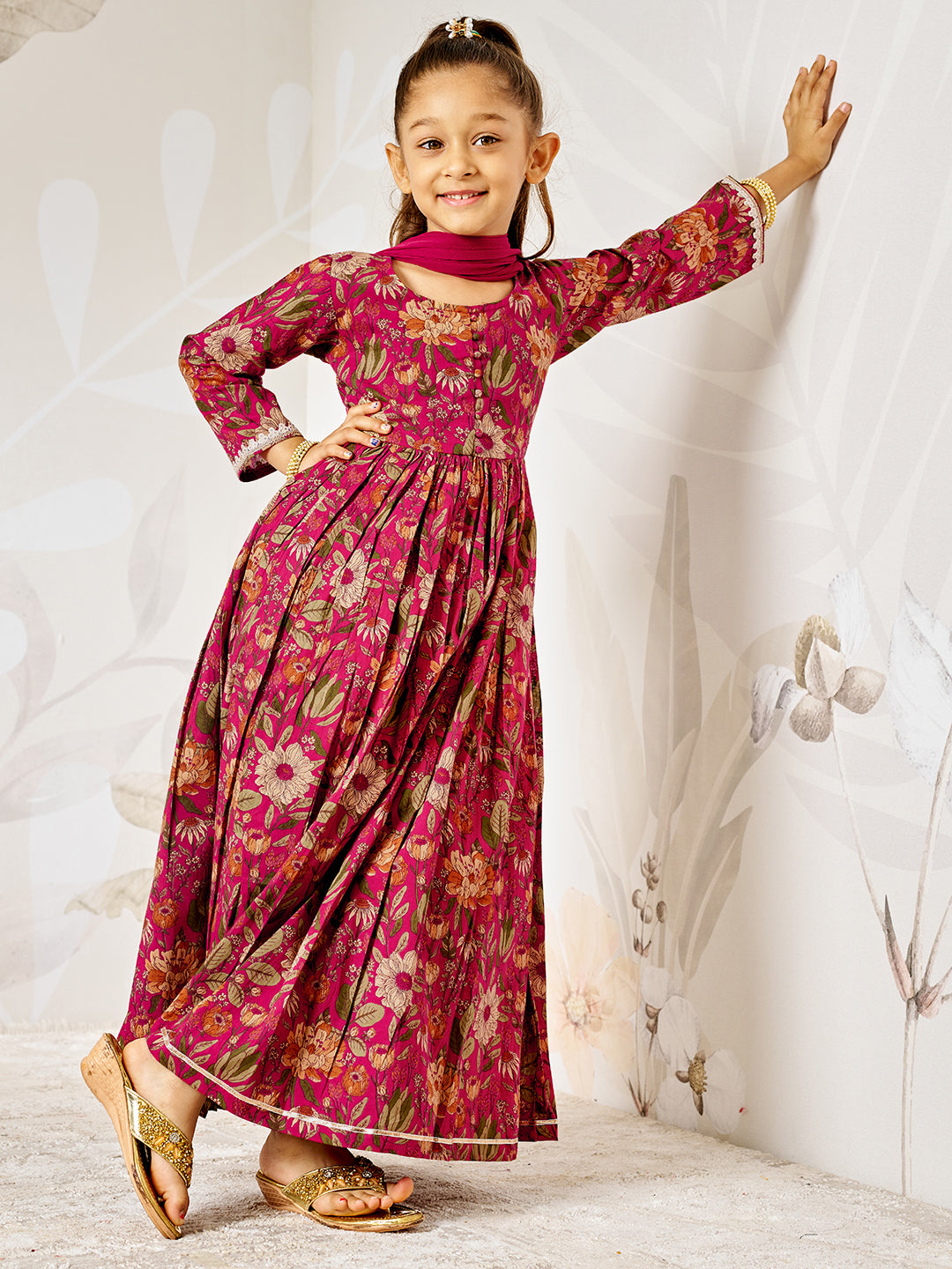 Girl's Falsa Floral Cotton Anarkali Pyjama Set With Dupatta