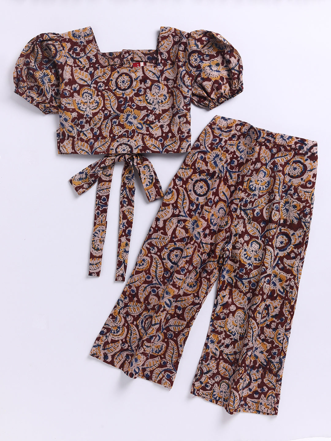 Girl's Red Cotton Clothing Set With Kalamkari Print