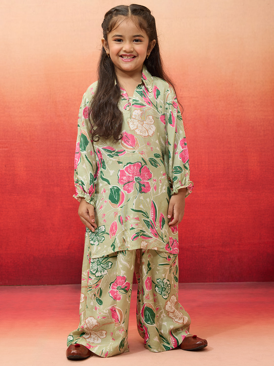 Vastramay Girls' Mint Green Cotton Kurta with Palazzo Set