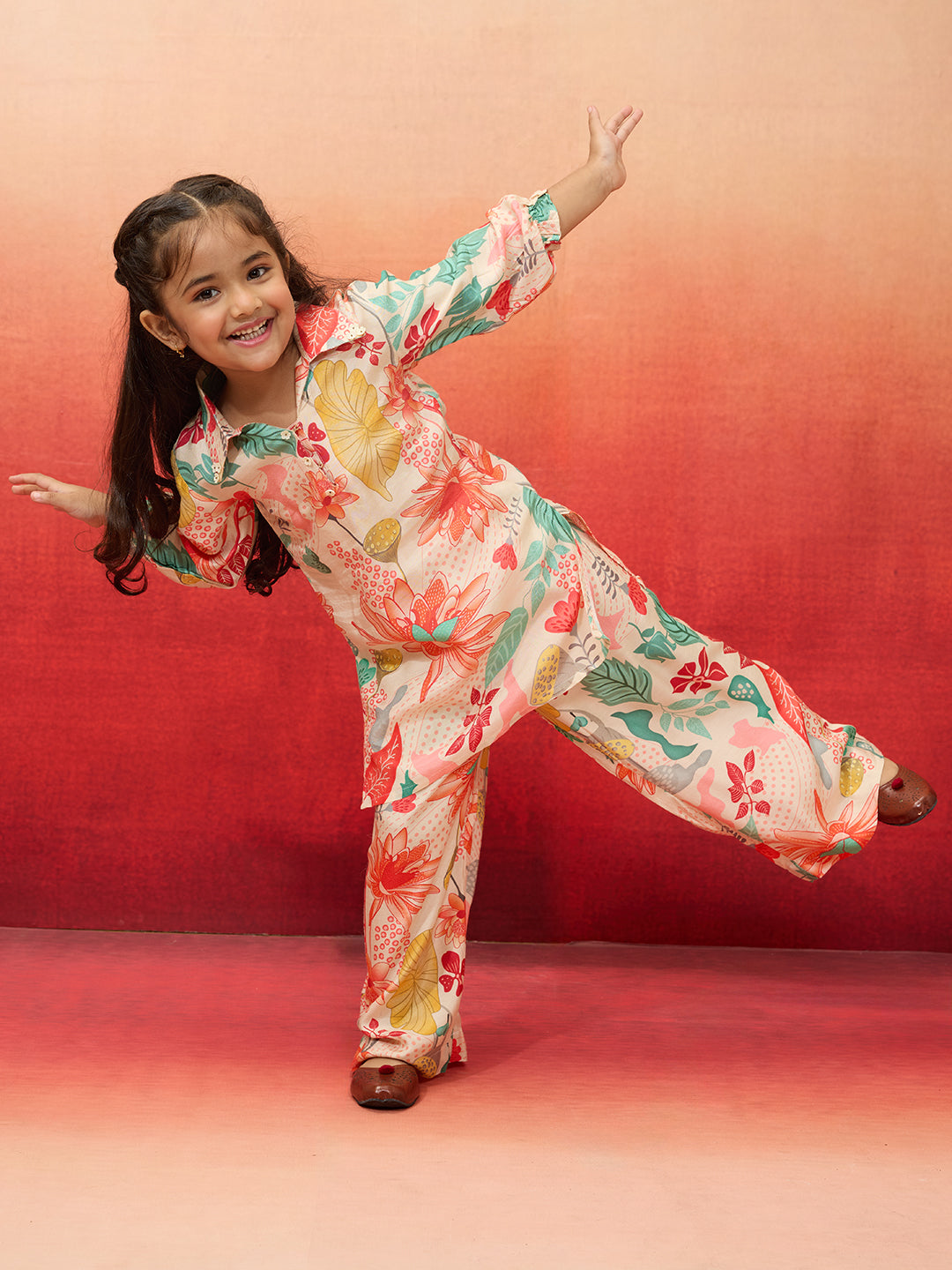 Vastramay Girls' Cream Cotton Kurta with Palazzo Set