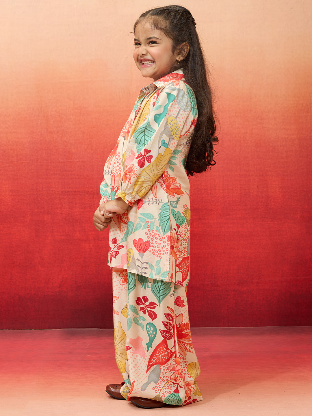 Vastramay Girls' Cream Cotton Kurta with Palazzo Set