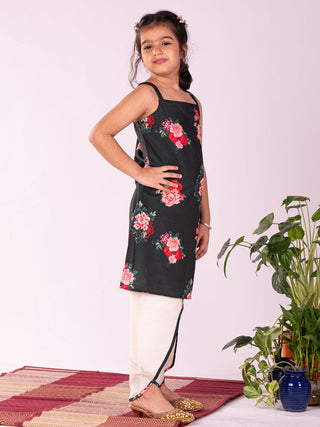 VASTRAMAY Girls' Floral Printed Cotton Silk Kurta And Tulip Pant Set