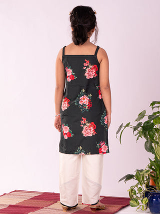 VASTRAMAY Girls' Floral Printed Cotton Silk Kurta And Tulip Pant Set