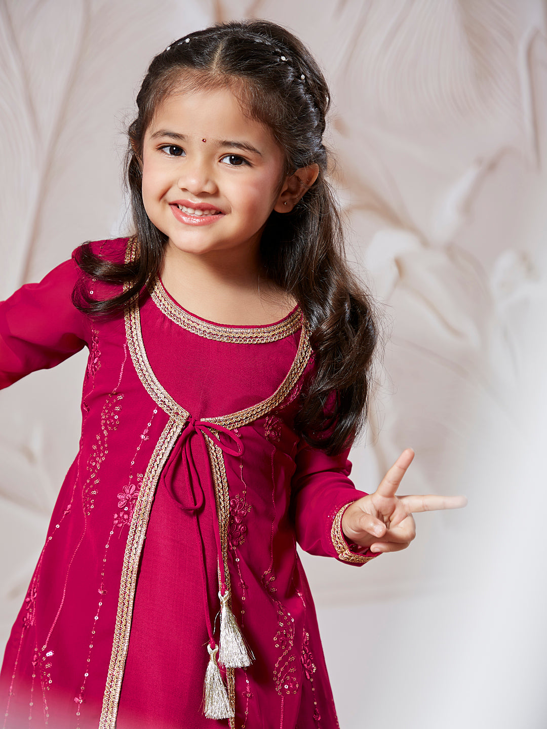 Girl's' Magenta Jacket Kurta Set