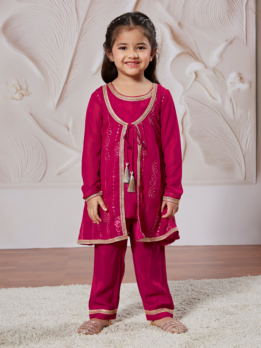 Girl's' Magenta Jacket Kurta Set