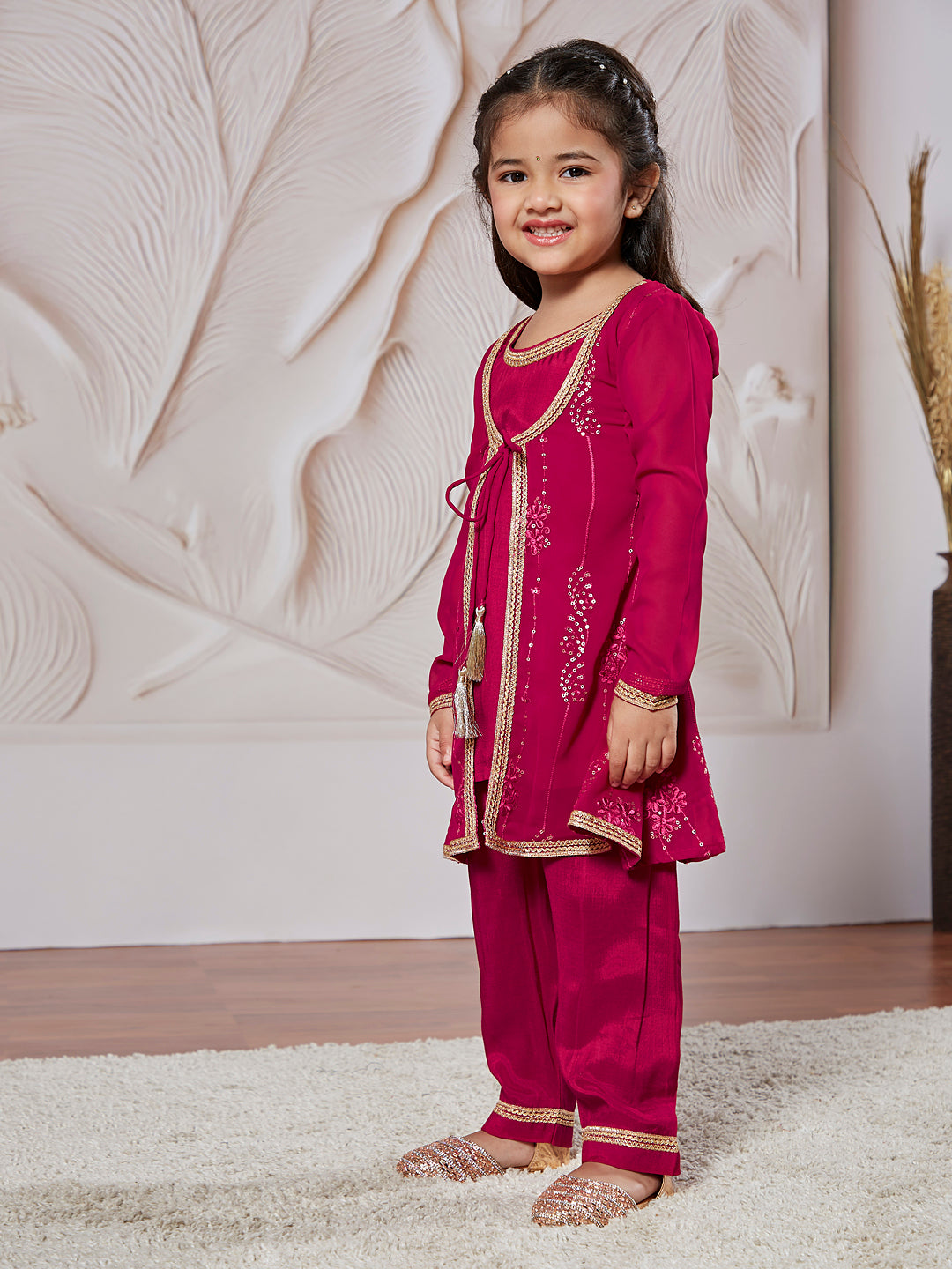 Girl's' Magenta Jacket Kurta Set