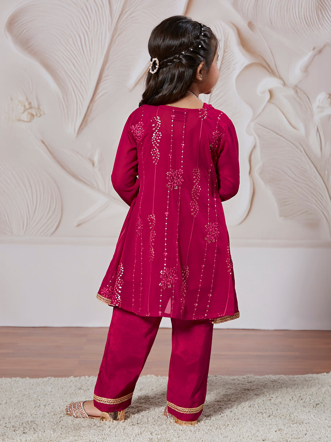 Girl's' Magenta Jacket Kurta Set