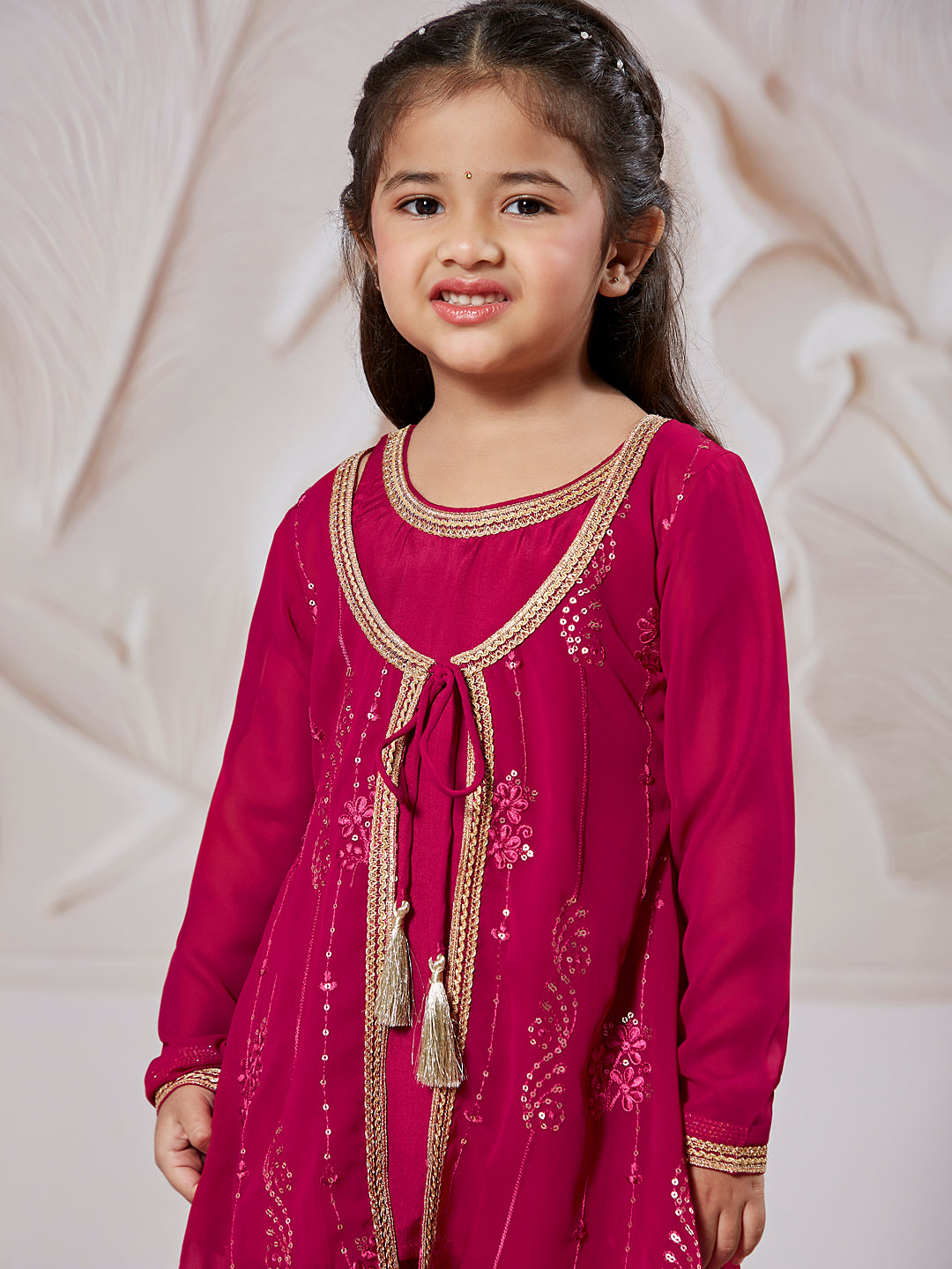 Girl's' Magenta Jacket Kurta Set