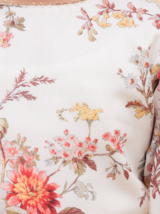 VASTRAMAY Cream Cotton Blend Floral Print Kurta Pyjama Sibling Set