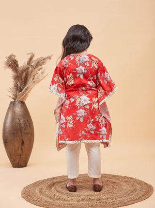 VASTRAMAY Red Cotton Blend Floral Print Kurta Pyjama Sibling Set
