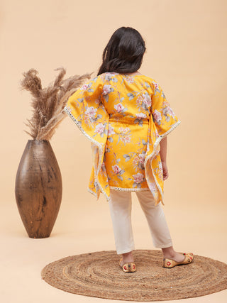 VASTRAMAY Yellow Cotton Blend Floral Print Kurta Pyjama Sibling Set