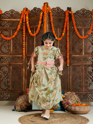 VASTRAMAY Girl's Green Ethnic Printed Long Dress