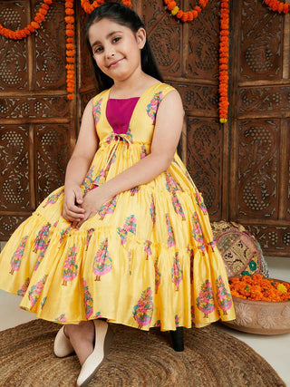VASTRAMAY Girl's Yellow And Pink Ethnic Dress