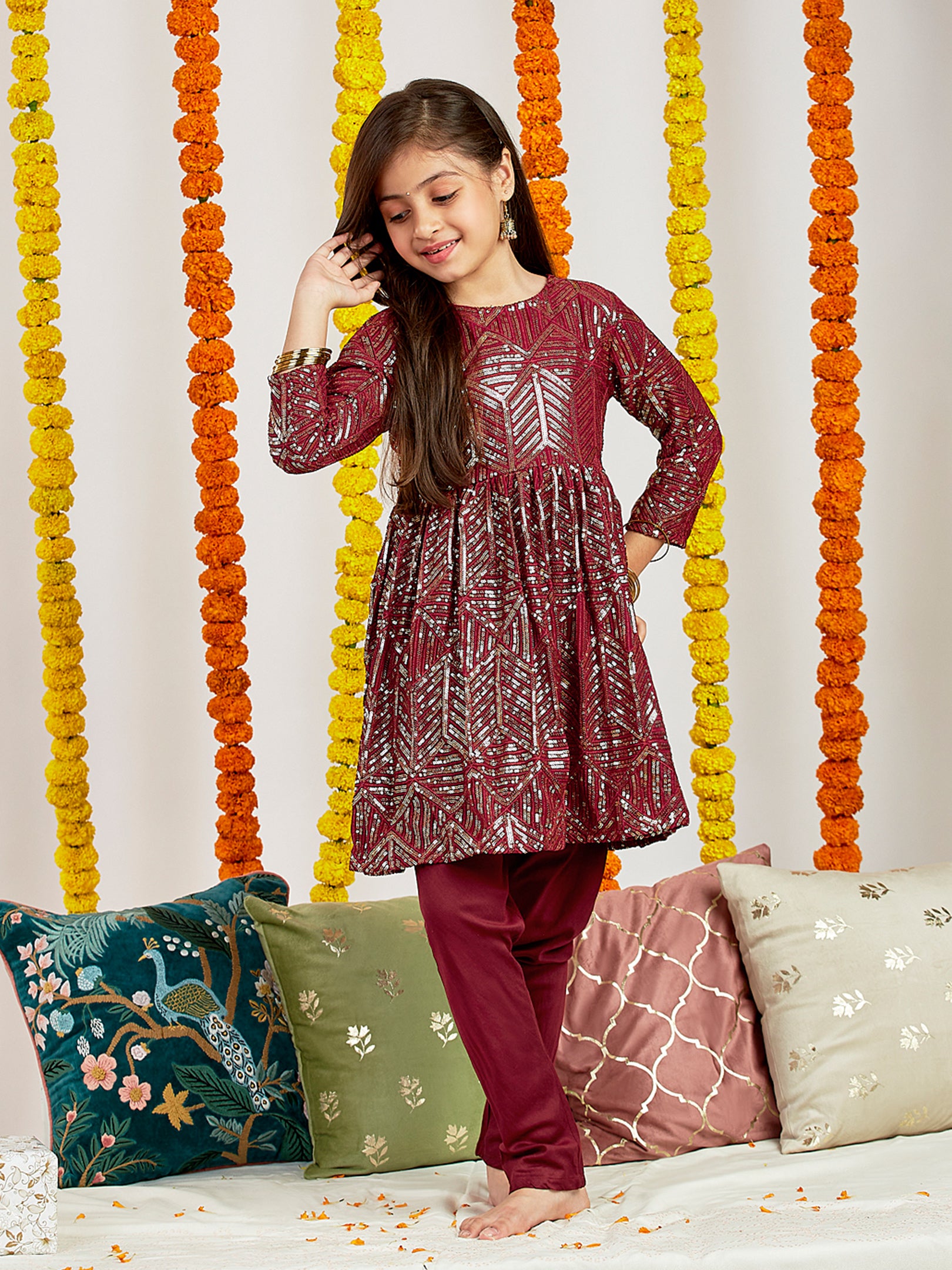 Girl's' Maroon Embellished Kurta Pyjama Set