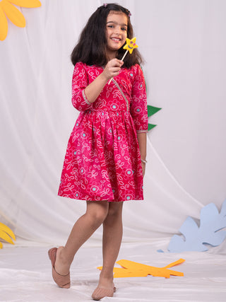 VASTRAMAY Girls' Pink Color Bandhnai Print Angrakha Style Dress