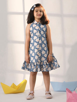 VASTRAMAY Girls' Blue And White Shifflie Worked Cotton dress – vastramay